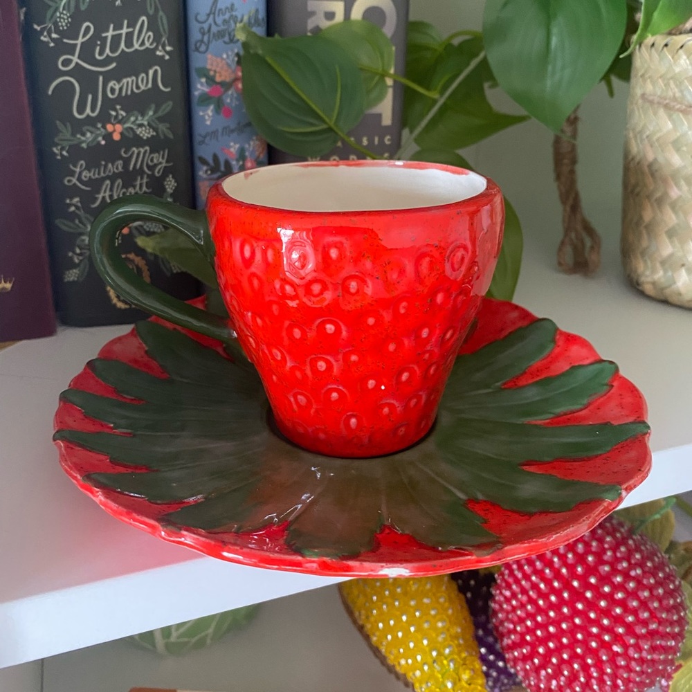 Handmade Strawberry Mugs and Saucers (set of 2) - Picture 1 of 5